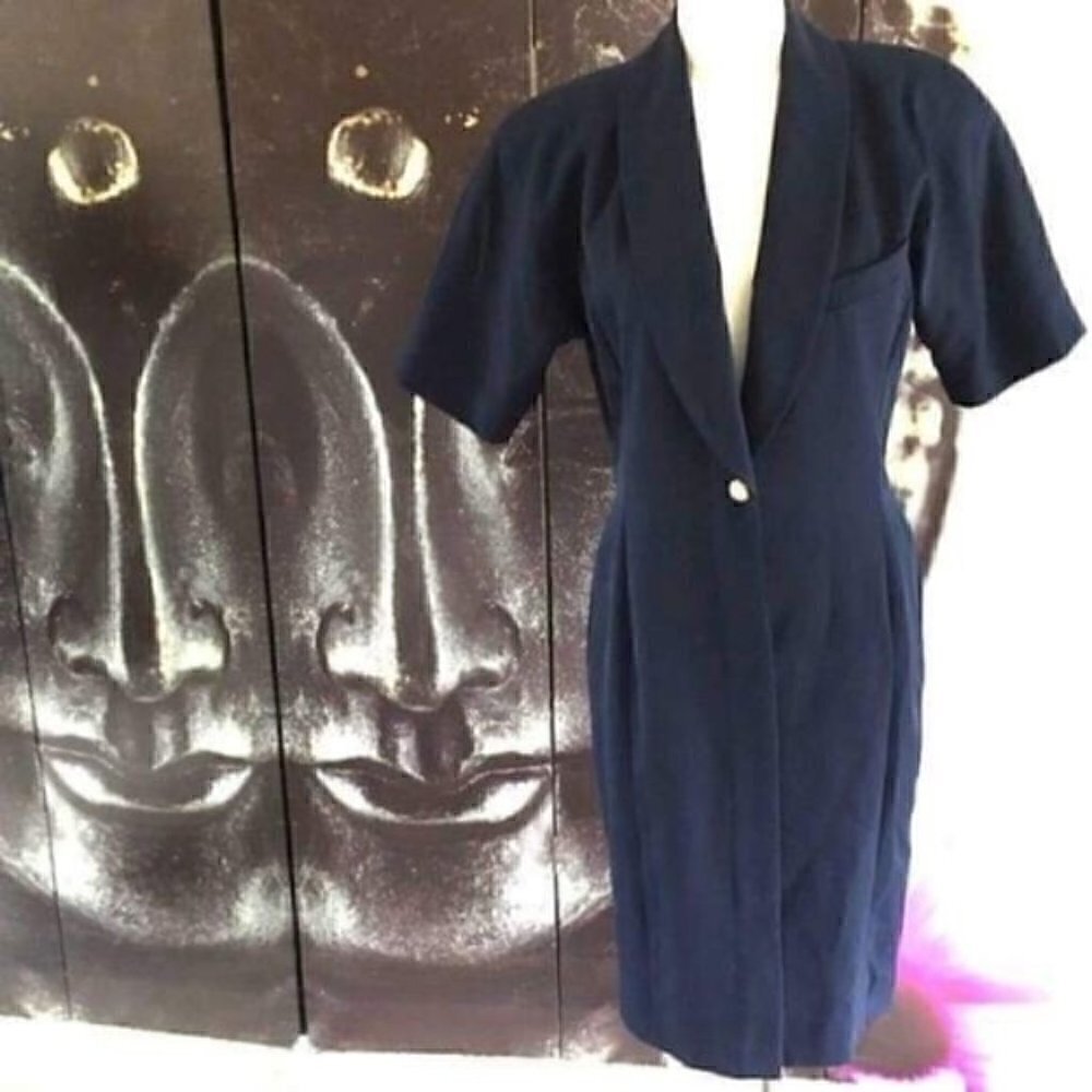 Nordstrom Long Jacket 6 Wool 70s Vintage Navy Blue Retro Pinup Form Fitting